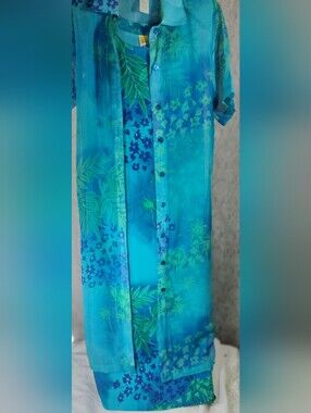 Sea Suns 2 Pcs. Sheer Tropical Blue Green Jacket Dress